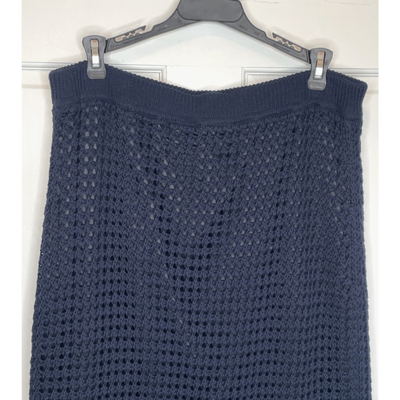 NWT Theory Women's Navy Blue Crochet Cotton Textured Knit Midi Pencil Skirt Sz L - Picture 5 of 16